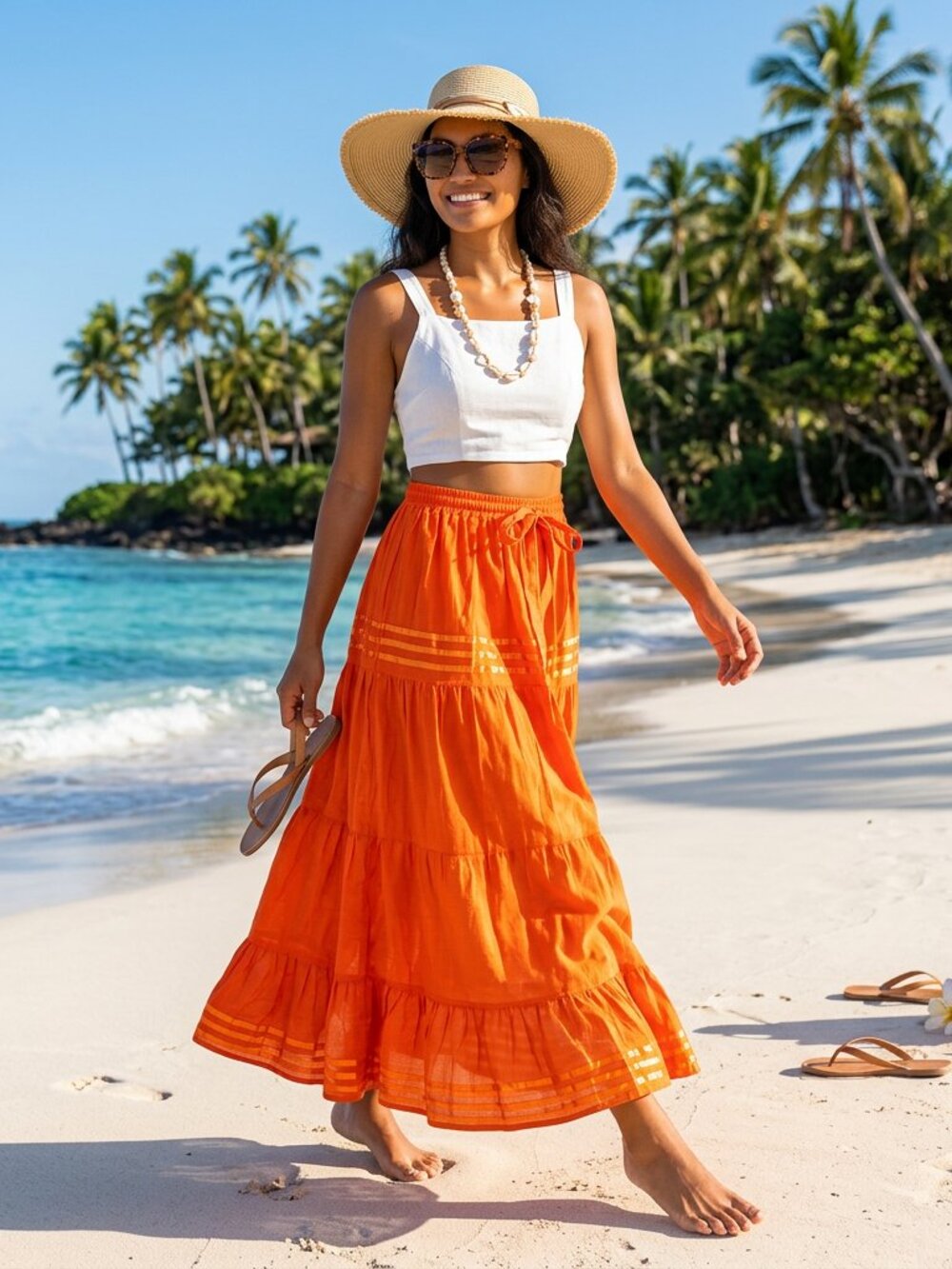 Highness NYC Beach Maxi Skirt Orange Cotton Ruffle Coastalcore Boho One Size